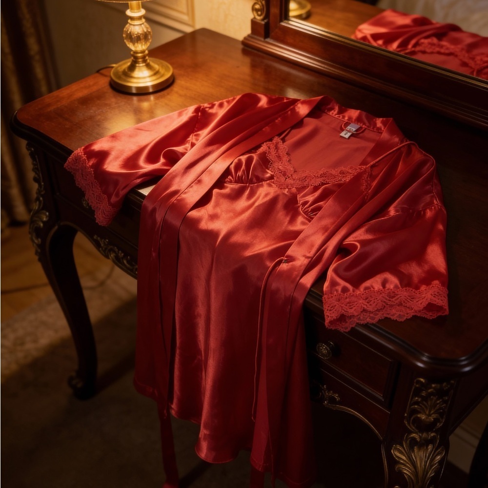 Luxurious Scarlet Satin Lace Robe